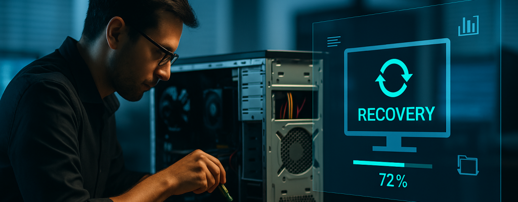 Technician repairing a desktop computer in a modern office with glowing digital overlays representing data recovery, diagnostics, and secure computer repair services.