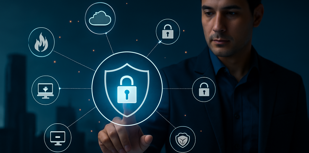 Professional IT specialist interacting with a secure digital network interface, representing Tech Marvel’s network security services in Morris County, NJ.