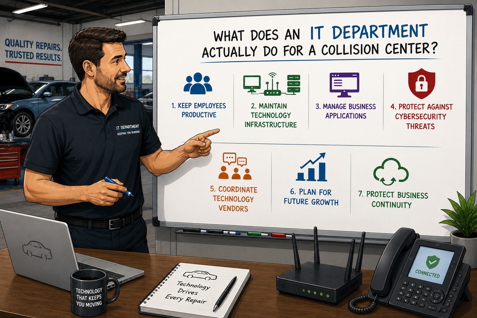 IT professional presenting seven IT department functions for collision centers