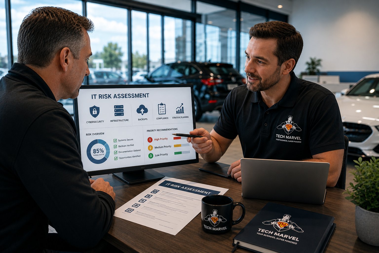 IT consultant presenting risk assessment to auto dealership client