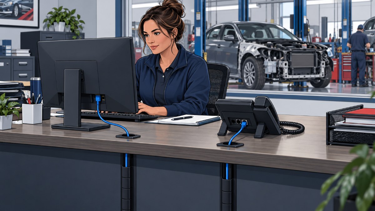 Illustrated collision-center estimating desk with a computer and desk phone connected by separate neatly routed cables.