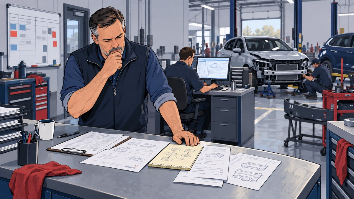 Illustrated collision-center manager reviewing paper repair-workflow notes while an estimator works beside a repair bay.