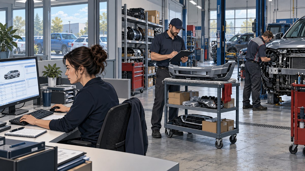 Illustration of a collision-center estimator and parts employee coordinating a repair while a technician works in the adjacent bay.