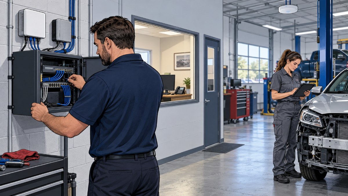 Illustration of a collision repair bay with a technician using a tablet and an IT specialist inspecting a wall-mounted network cabinet.