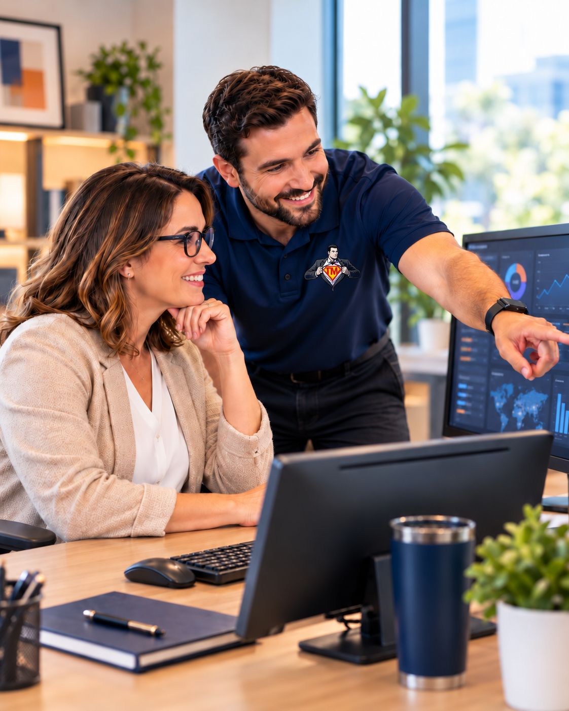 Tech Marvel technician helping a business owner at an office workstation